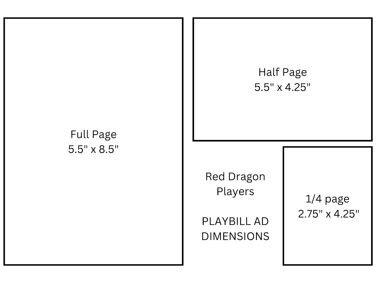 Diagram of playbill ad sizes: quarter page 2.75 by 4.25 inches, half page 5.5 by 4.25 inches, full page 5.5 by 8.5 inches