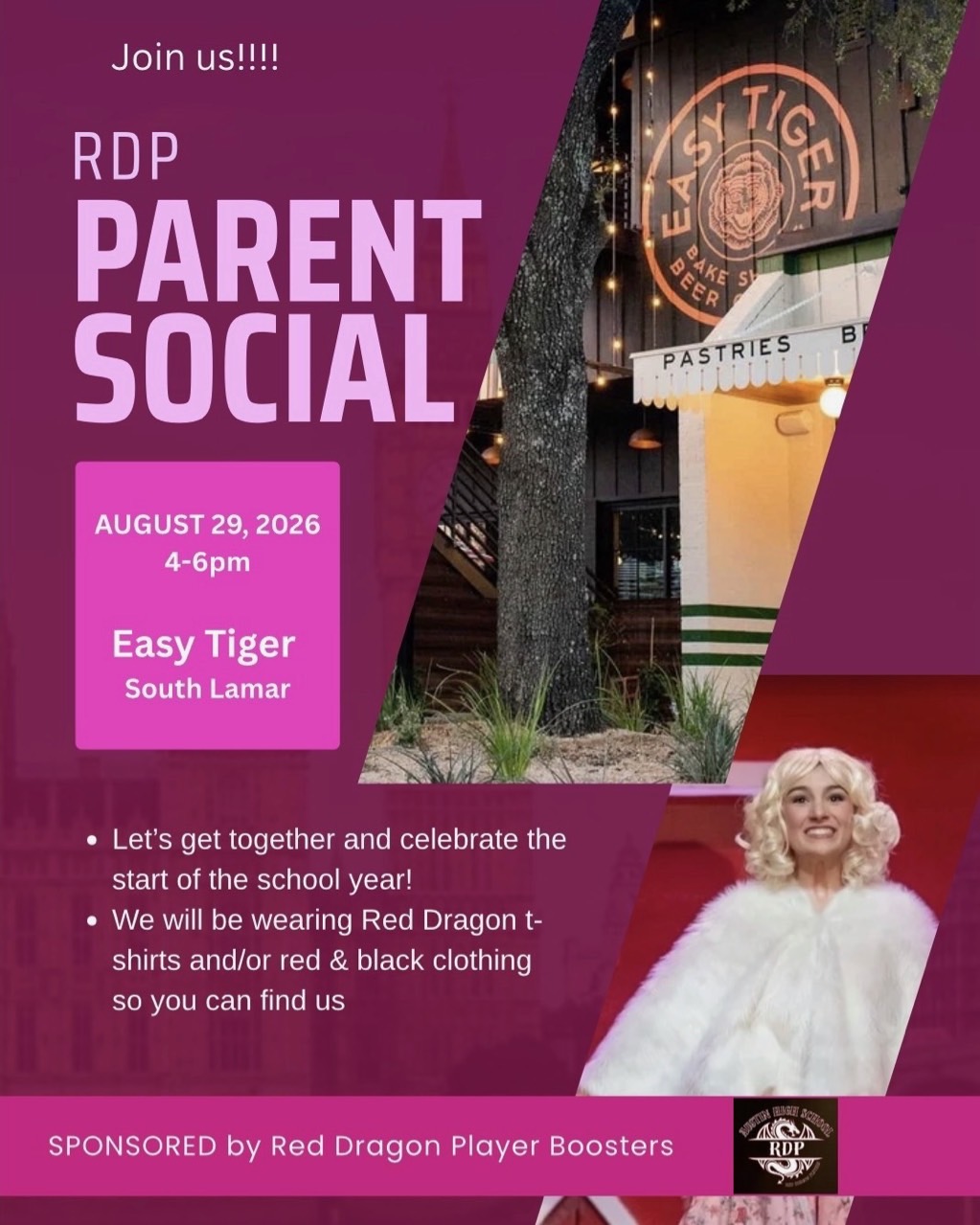 RDP Parent Social — August 29, 2026, 4–6pm at Easy Tiger South Lamar